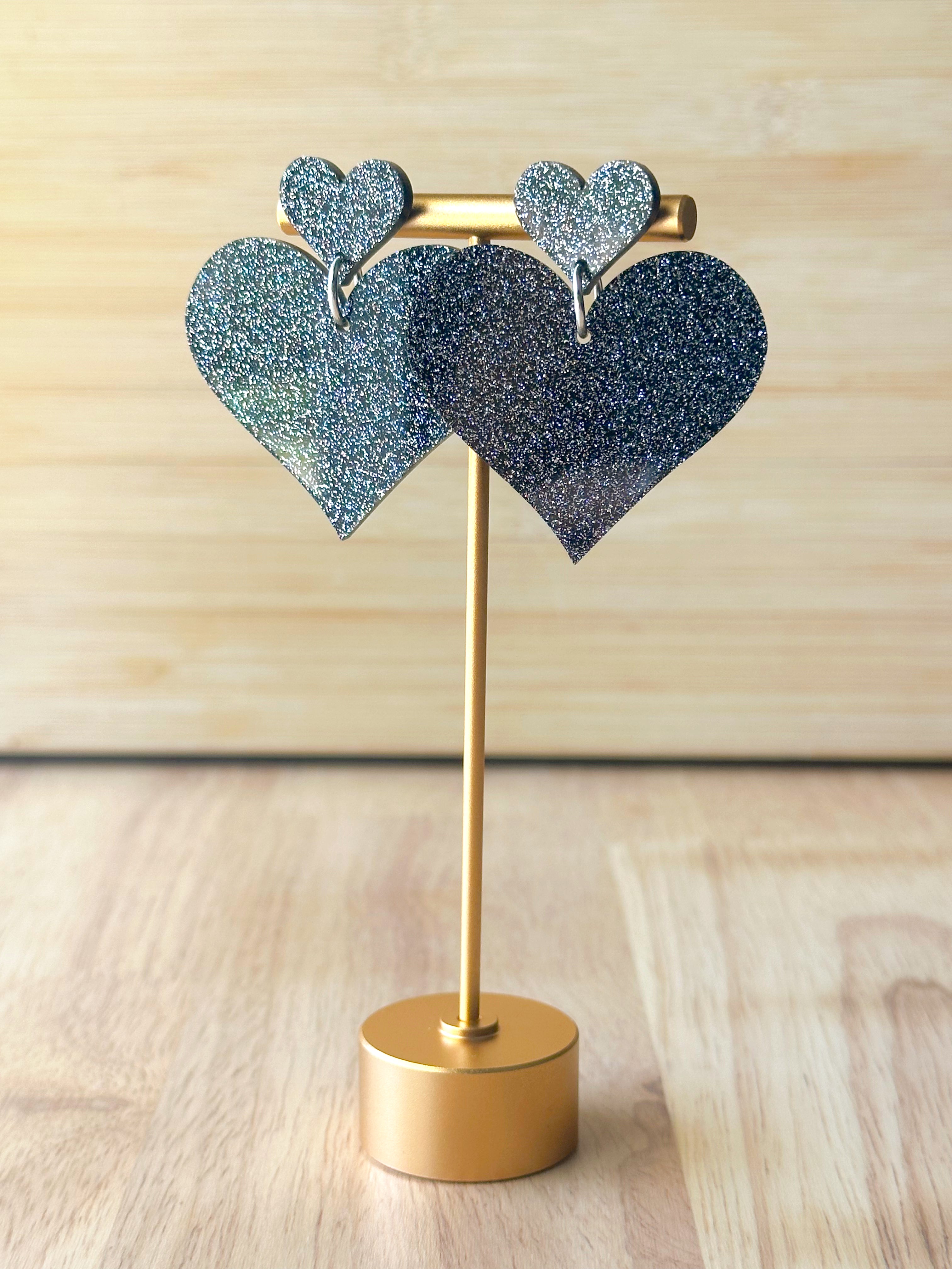 Black Glitter Heart Earrings