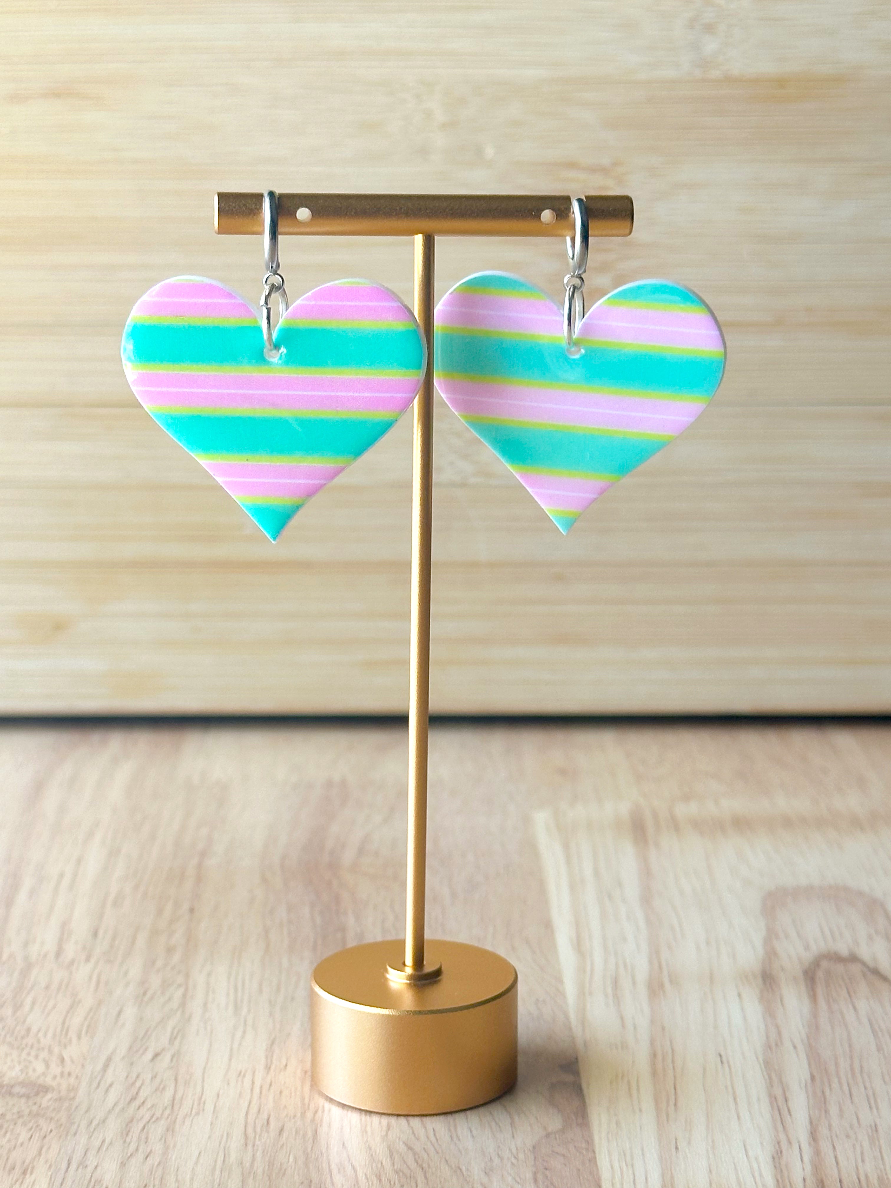 Pink and Green Stripe Heart Earrings