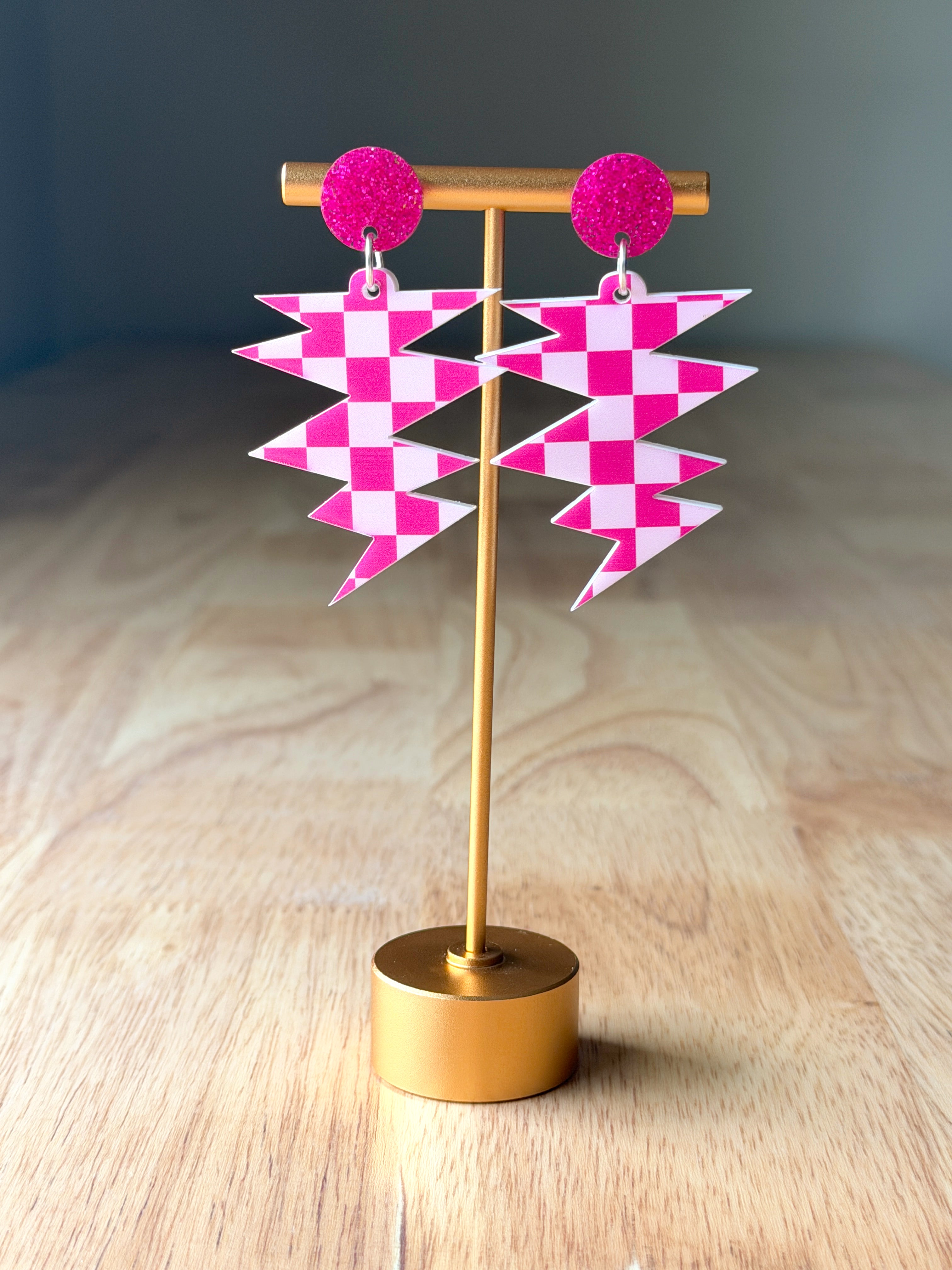 Pink Checkered Bolt Earrings