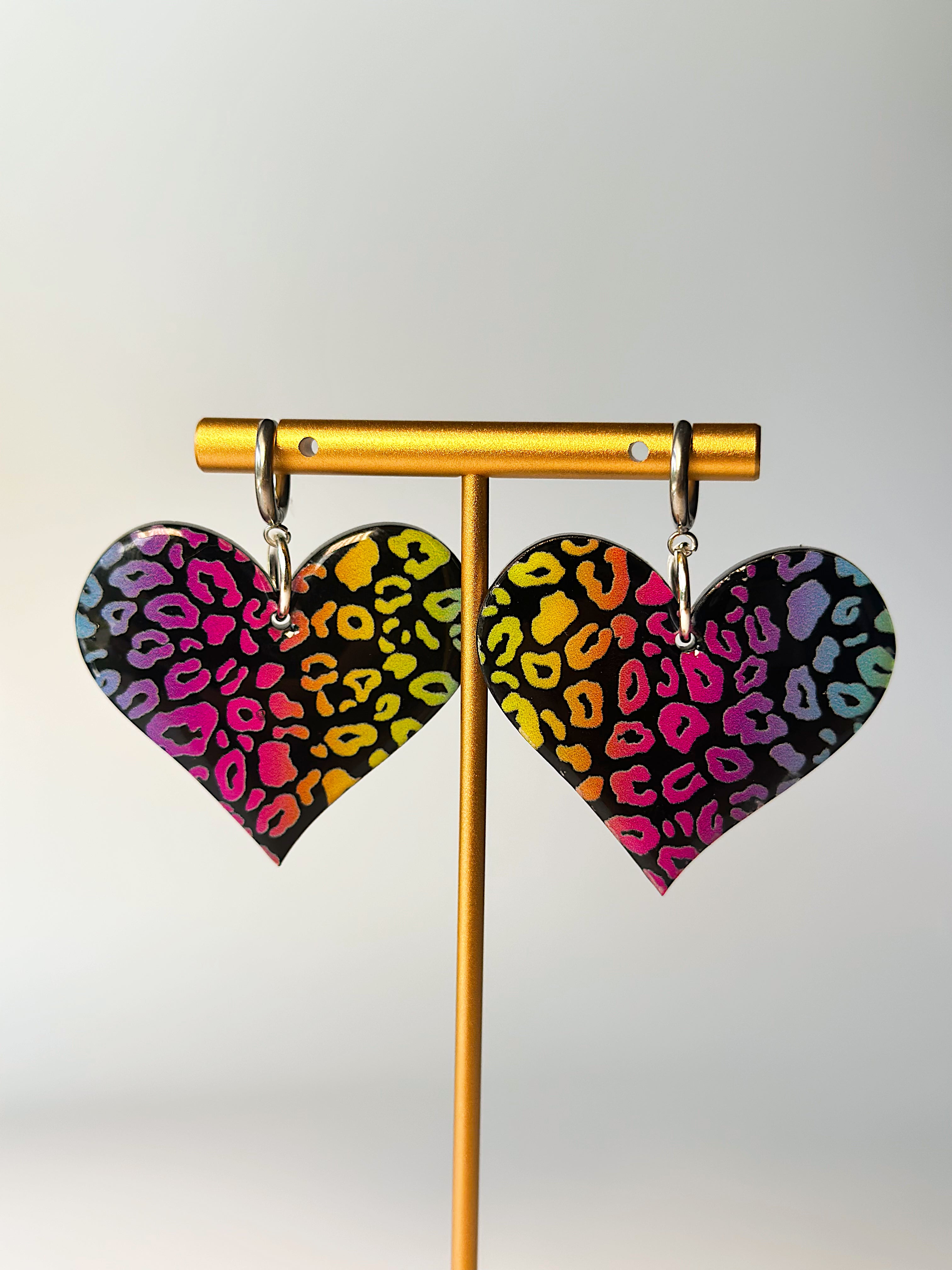 Rainbow Leopard Print Heart Earrings