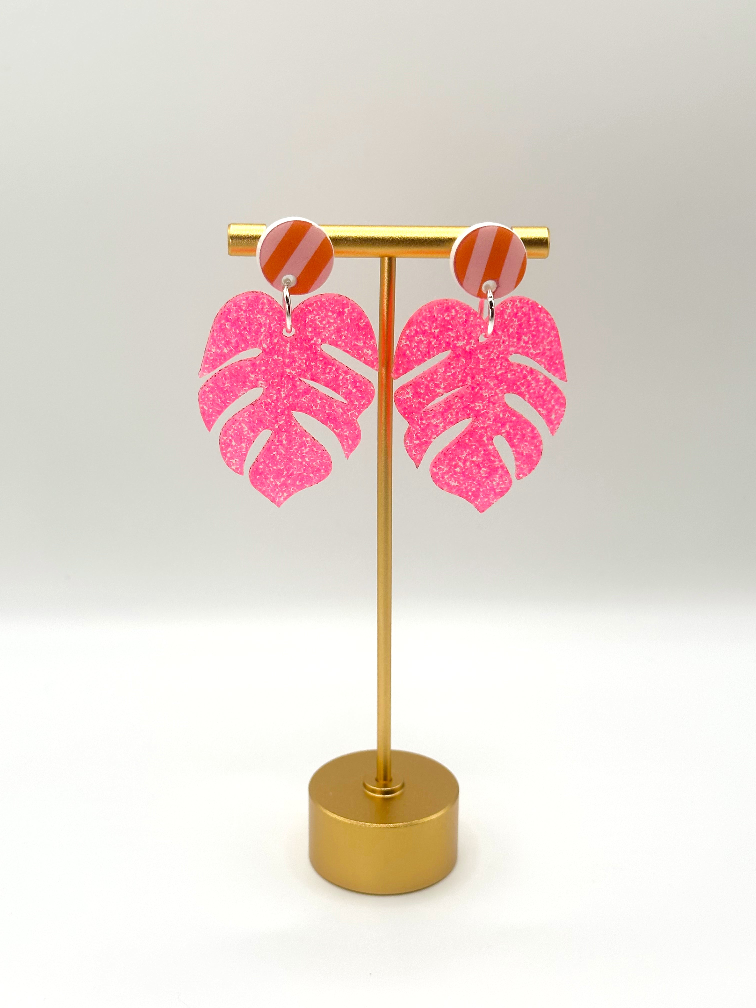 Neon Pink Monstera Earrings