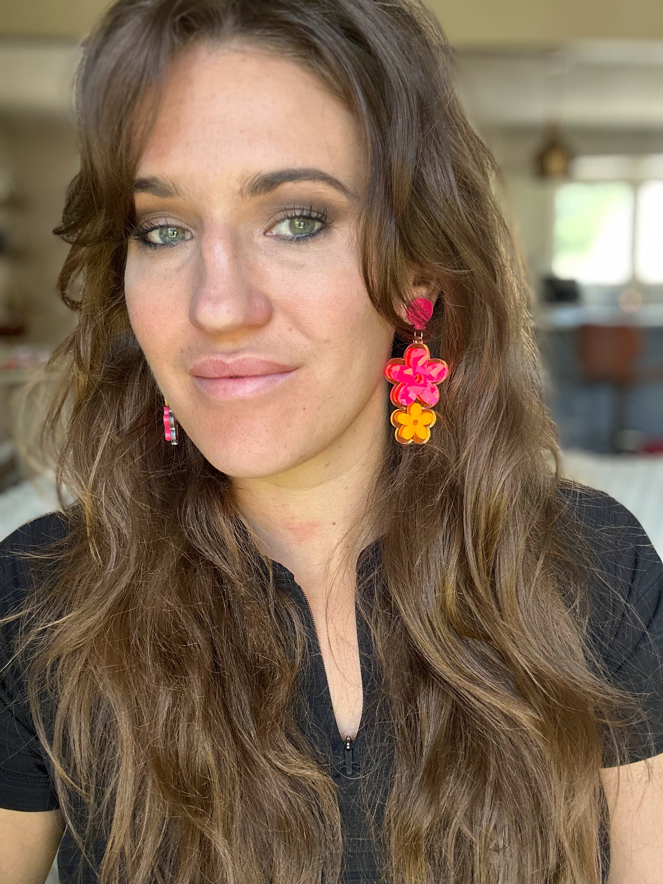 Hot Pink and Yellow Flower Earrings