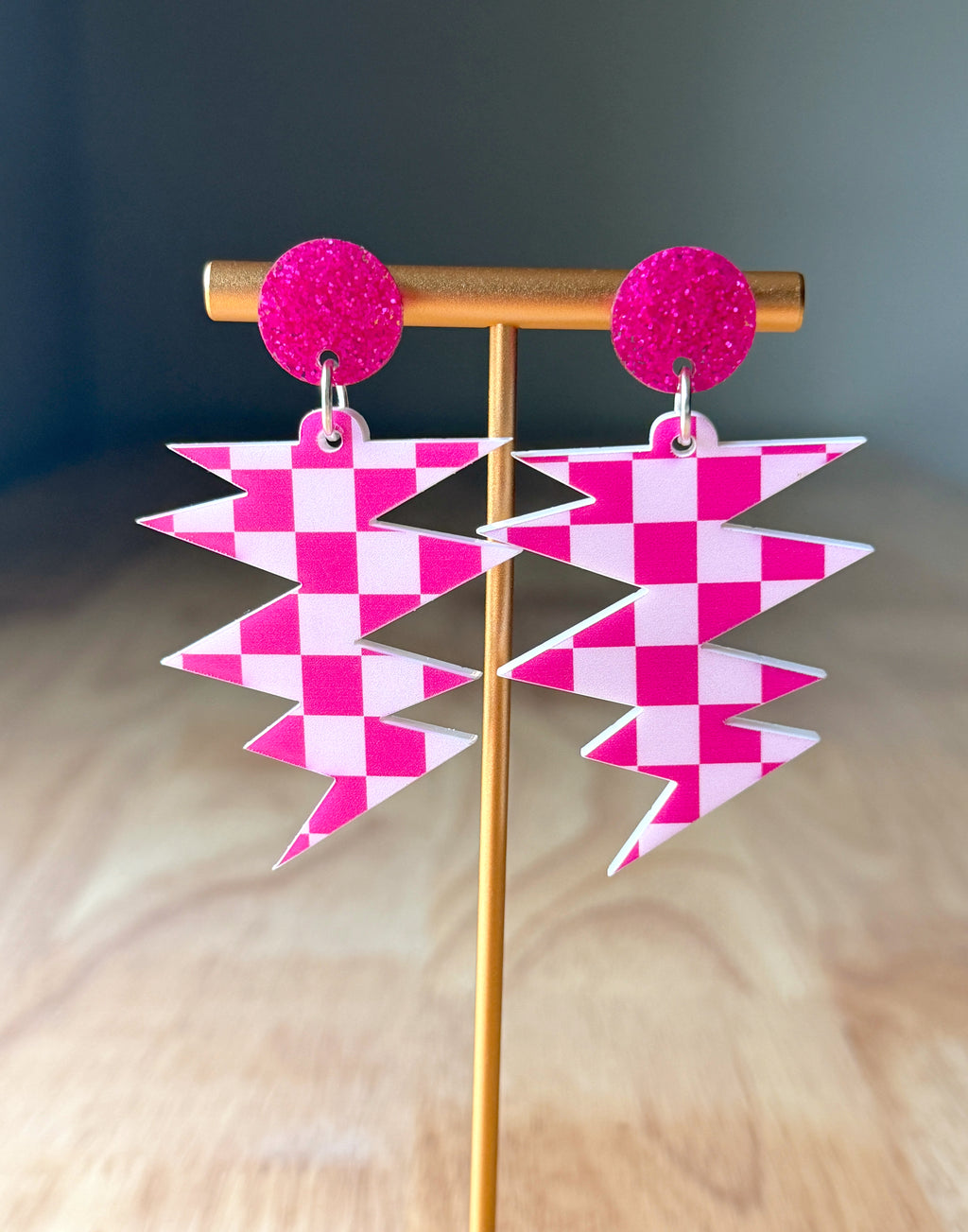 Pink Checkered Bolt Earrings