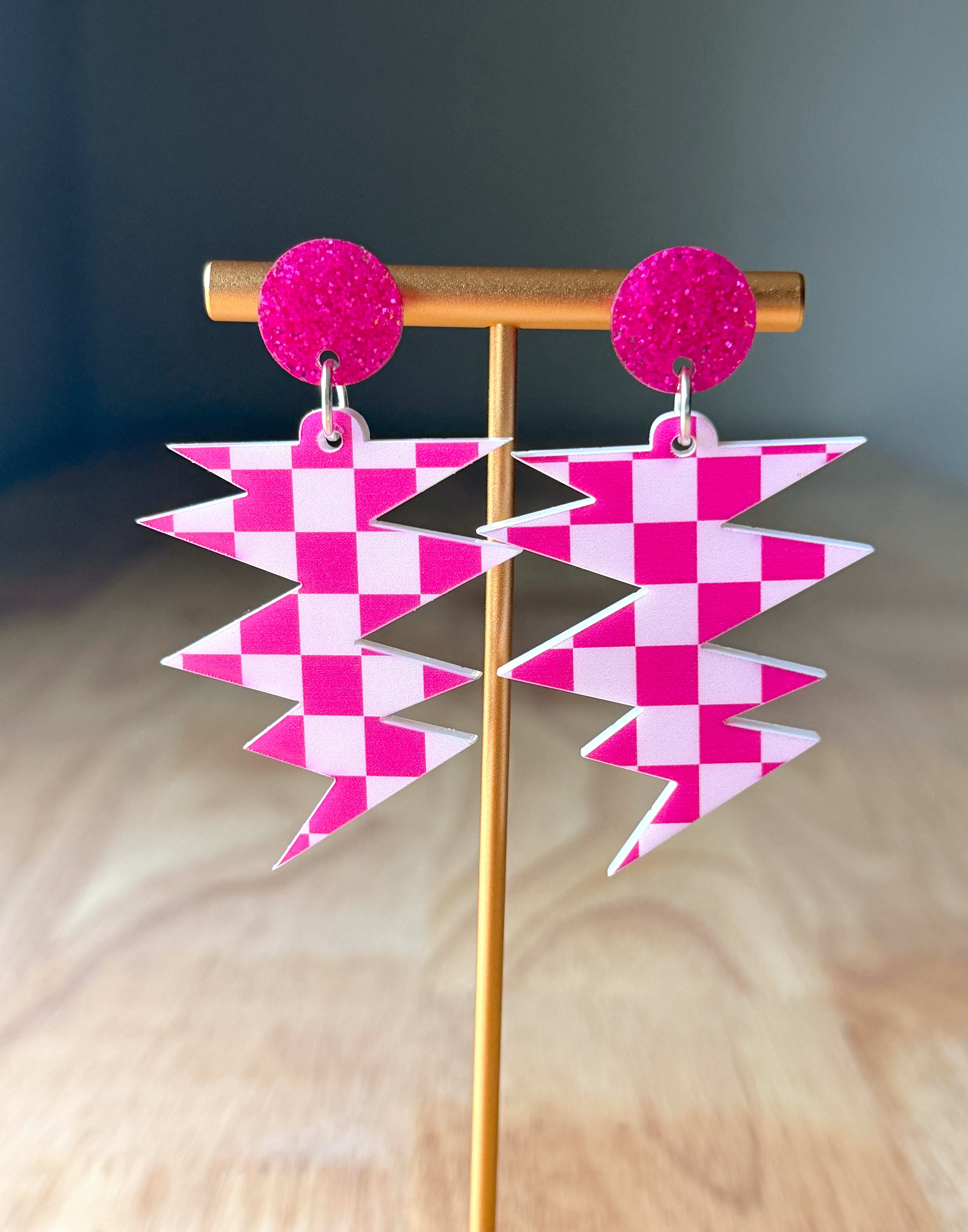 Pink Checkered Bolt Earrings