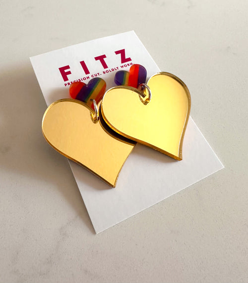 Gold hearts with rainbow studs