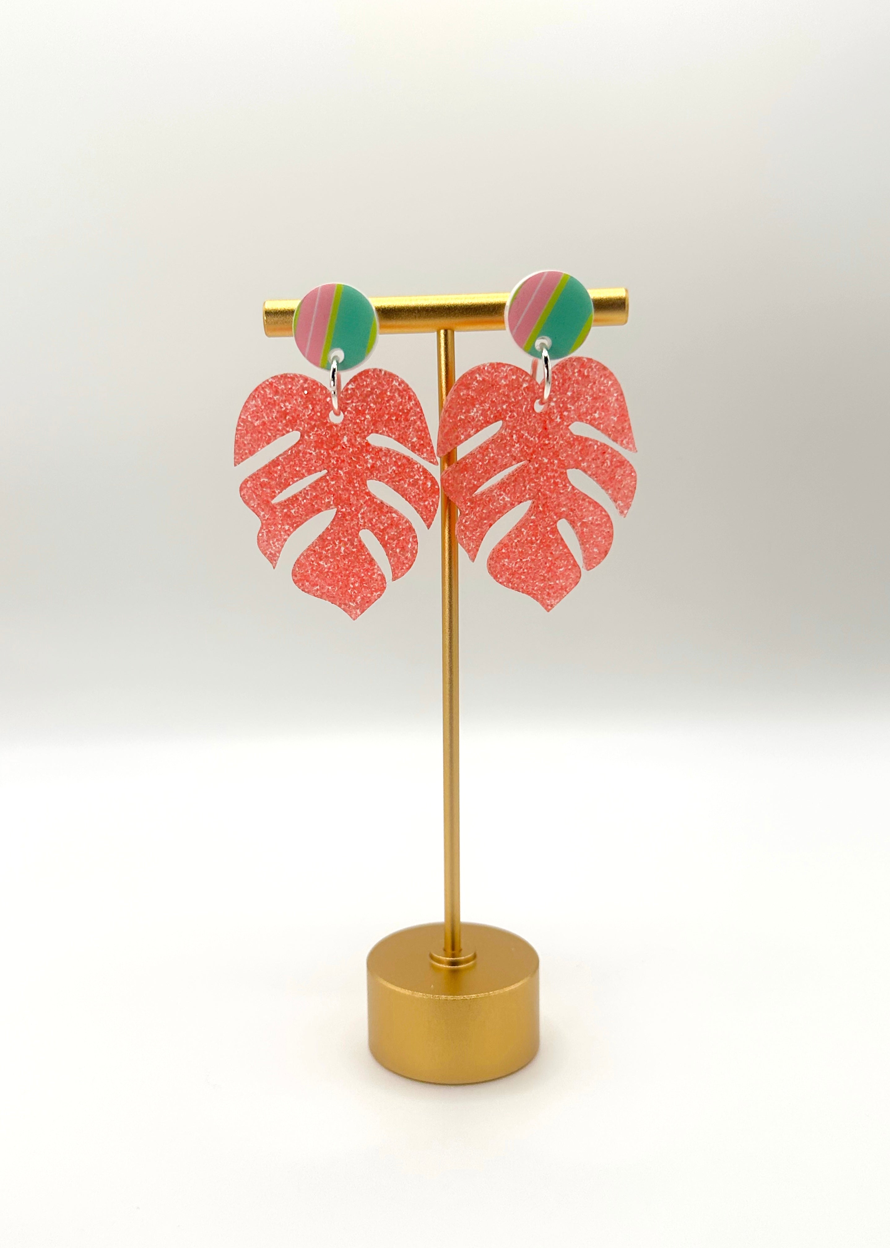 Pink Monstera Earrings