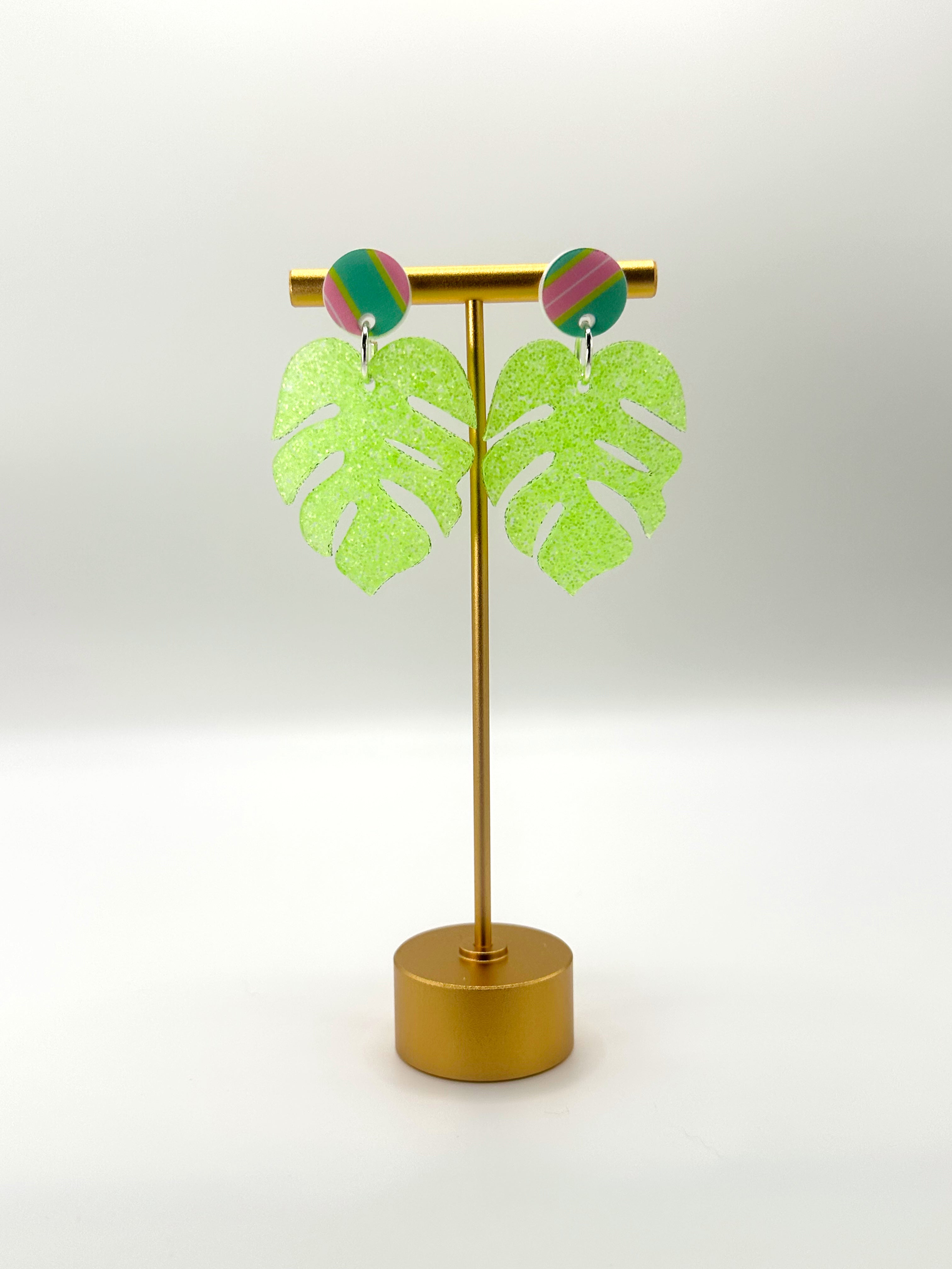 Lime Green Monstera Earrings