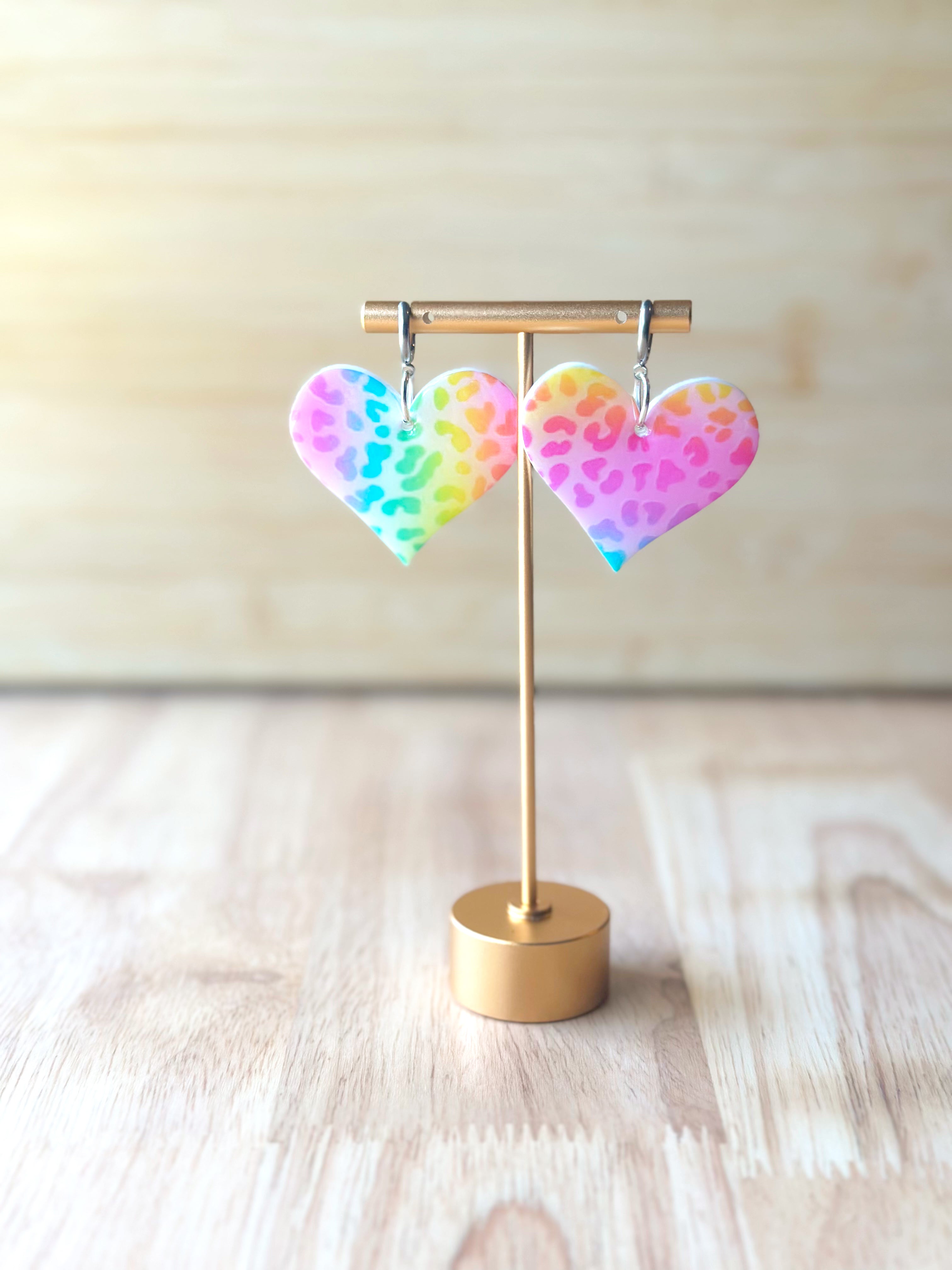 Rainbow Leopard Print White Heart Earrings
